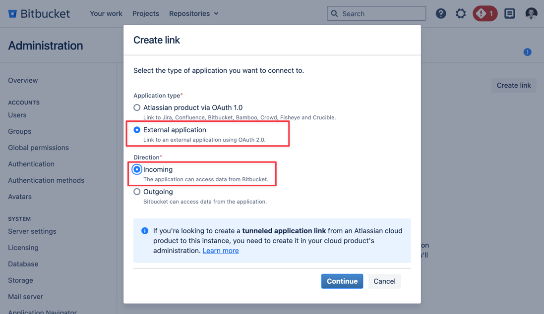 Bitbucket Data Center / Server Create Application Link