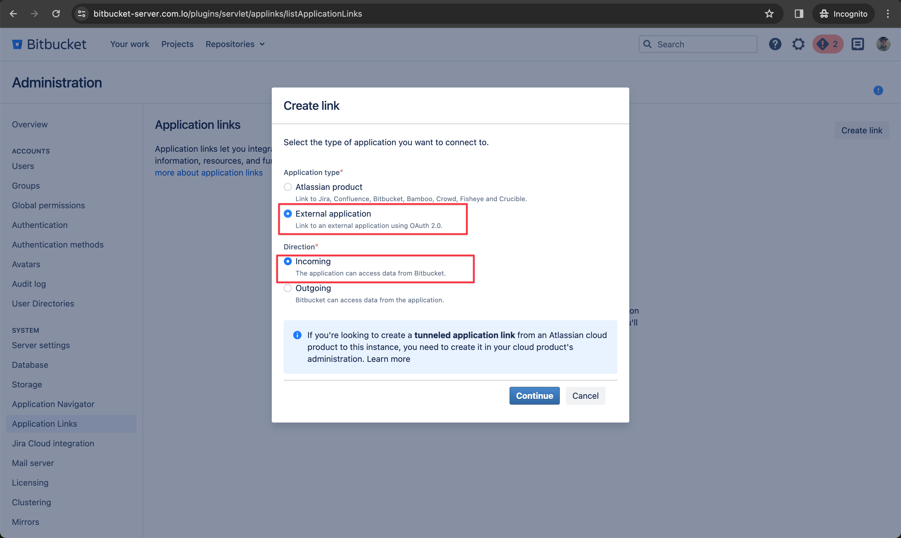 Bitbucket Data Center / Server Create Application Link