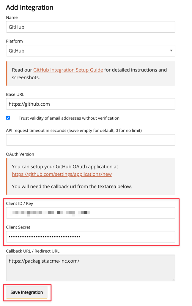 Private Packagist Integration Form