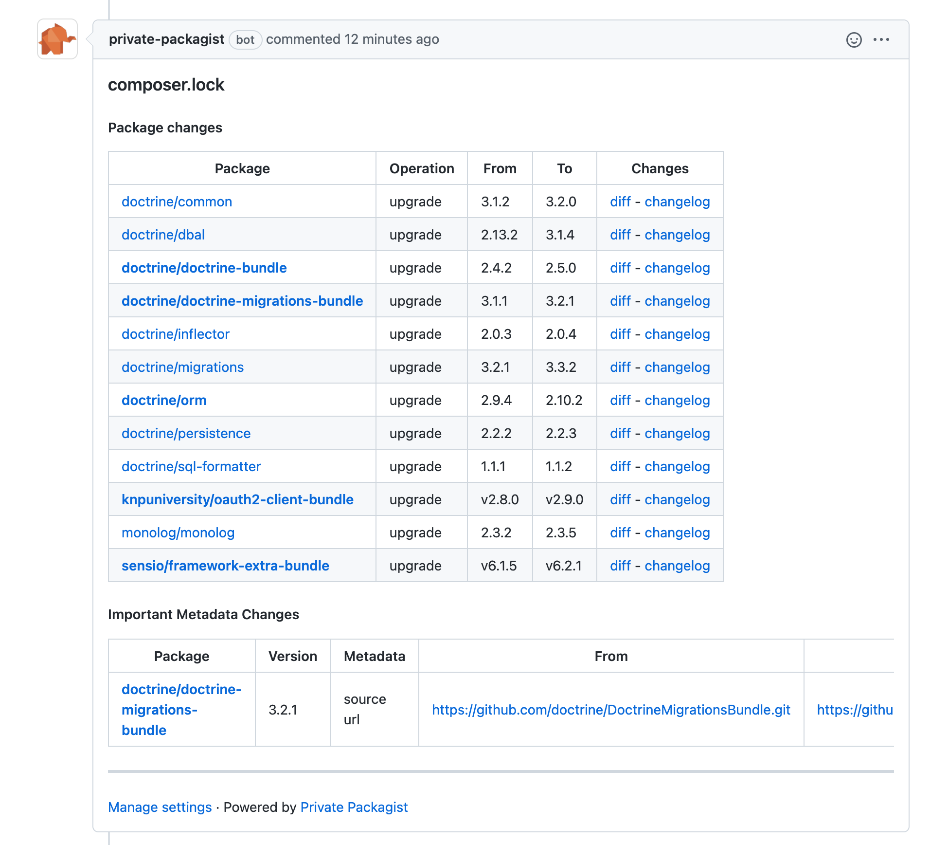 Screenshot of GitHub pull request with a comment by the Private Packagist bot